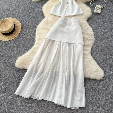 New Style Fashionable Sleeveless Slimming Knitted Top and long Skirt Set CODE: KAR4132