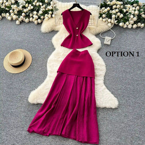 New Style Fashionable Sleeveless Slimming Knitted Top and long Skirt Set CODE: KAR4132
