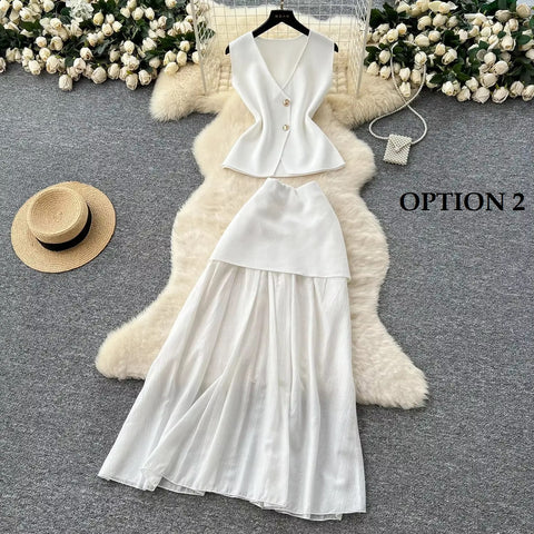 New Style Fashionable Sleeveless Slimming Knitted Top and long Skirt Set CODE: KAR4132
