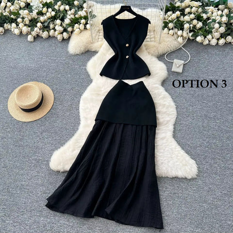 New Style Fashionable Sleeveless Slimming Knitted Top and long Skirt Set CODE: KAR4132