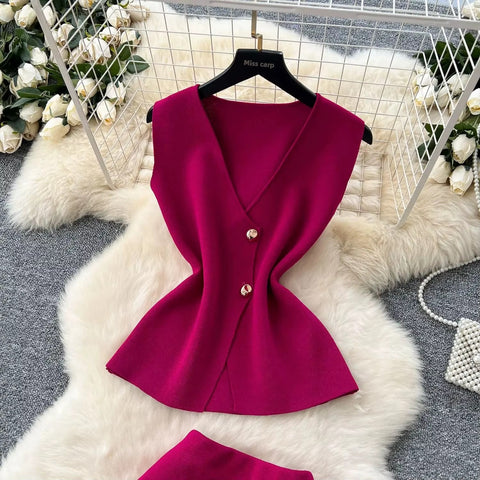 New Style Fashionable Sleeveless Slimming Knitted Top and long Skirt Set CODE: KAR4132