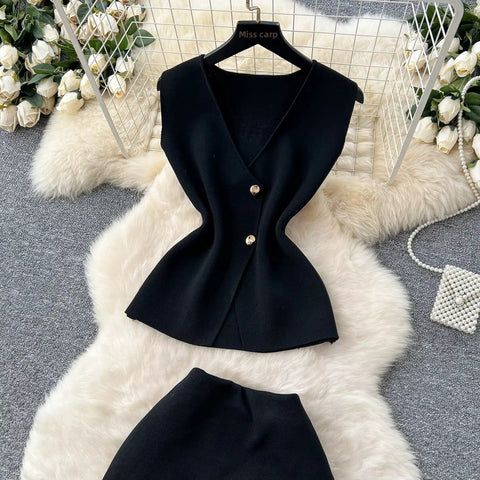 New Style Fashionable Sleeveless Slimming Knitted Top and long Skirt Set CODE: KAR4132