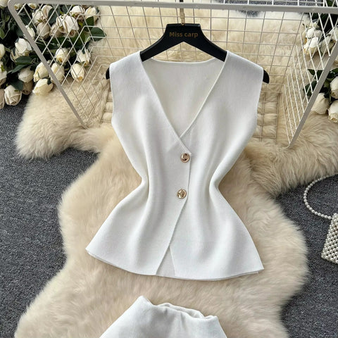 New Style Fashionable Sleeveless Slimming Knitted Top and long Skirt Set CODE: KAR4132