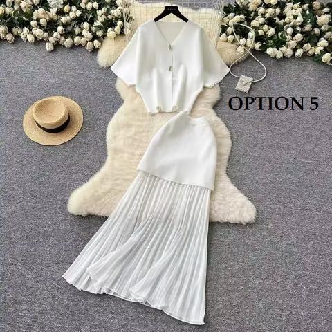 New Fashion Elegant V-neck Long Skirt with Loose Short Sleeve Top Two-piece CODE: KAR4134