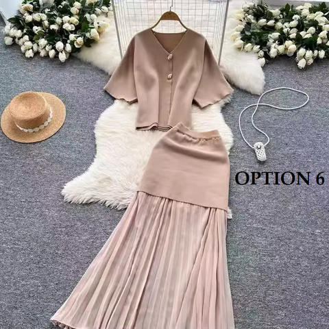 New Fashion Elegant V-neck Long Skirt with Loose Short Sleeve Top Two-piece CODE: KAR4134