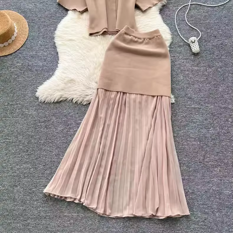 New Fashion Elegant V-neck Long Skirt with Loose Short Sleeve Top Two-piece CODE: KAR4134