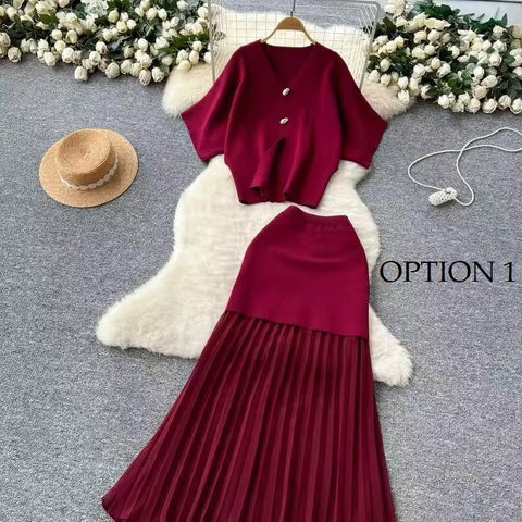 New Fashion Elegant V-neck Long Skirt with Loose Short Sleeve Top Two-piece CODE: KAR4134