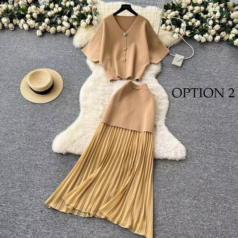 New Fashion Elegant V-neck Long Skirt with Loose Short Sleeve Top Two-piece CODE: KAR4134