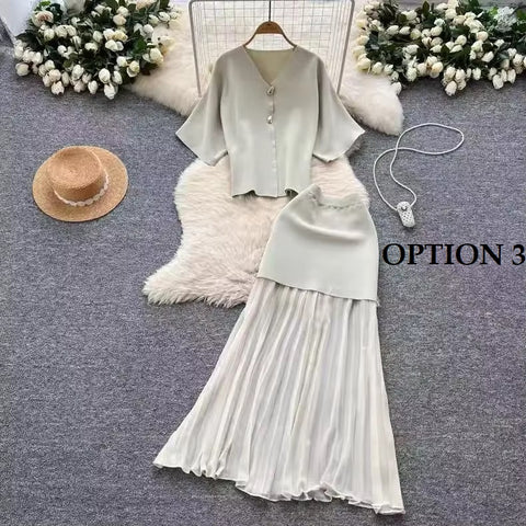 New Fashion Elegant V-neck Long Skirt with Loose Short Sleeve Top Two-piece CODE: KAR4134