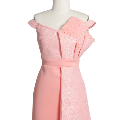 New Fashion Elegant One-Shoulder Pearl-Embellished Lace Bodycon Dress CODE: KAR4140