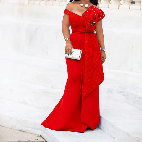 New Fashion Elegant One-Shoulder Pearl-Embellished Lace Bodycon Dress CODE: KAR4140