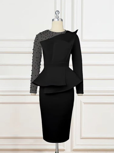 New Fashion Elegant, Patchwork ,Beaded Long Sleeve Slimming Dress CODE: KAR4141