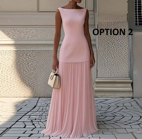 New Fashion Pleated Patchwork Elegant Sleeveless Slash Nech Set Dress CODE: KAR4146