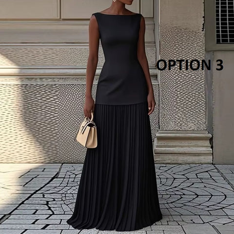 New Fashion Pleated Patchwork Elegant Sleeveless Slash Nech Set Dress CODE: KAR4146