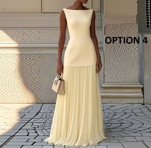 New Fashion Pleated Patchwork Elegant Sleeveless Slash Nech Set Dress CODE: KAR4146