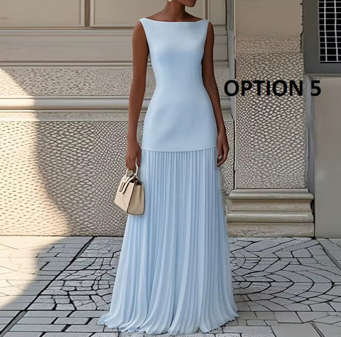 New Fashion Pleated Patchwork Elegant Sleeveless Slash Nech Set Dress CODE: KAR4146