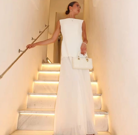 New Fashion Pleated Patchwork Elegant Sleeveless Slash Nech Set Dress CODE: KAR4146