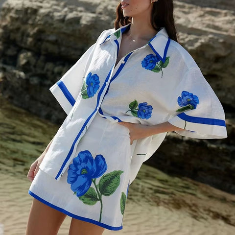 New Fashion Elegant Floral Short-Sleeve Shirt & Mini Skirt Set CODE: KAR4149