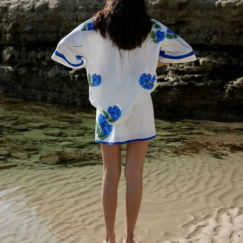 New Fashion Elegant Floral Short-Sleeve Shirt & Mini Skirt Set CODE: KAR4149