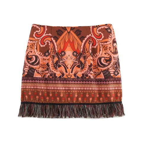 New Design Asymmetrical Flower Tassel Print Mini Skirt CODE: KAR4150