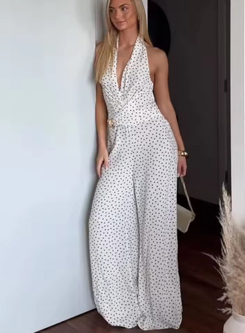 New Fashion V-Neck Backless Decorate Zipper Dots Jumpsuit CODE: KAR4151