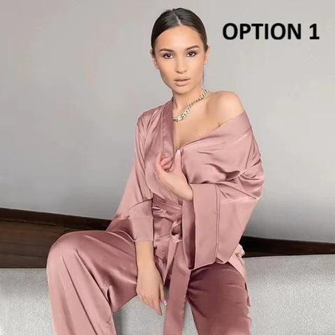 New Fashion Satin Robe & Pants Pajama Set CODE: KAR4152