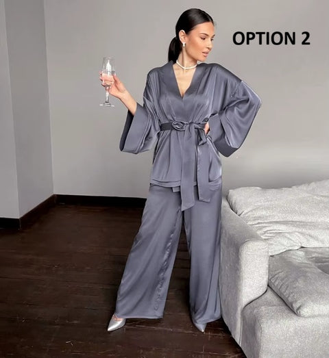 New Fashion Satin Robe & Pants Pajama Set CODE: KAR4152