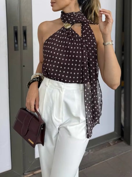 New Fashion Sleeveless Backless Polka Dot Printed Scarf Metal Buckle Top CODE: KAR4154