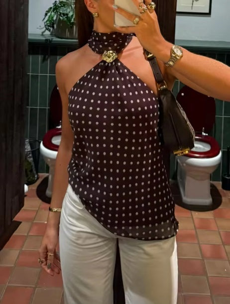 New Fashion Sleeveless Backless Polka Dot Printed Scarf Metal Buckle Top CODE: KAR4154