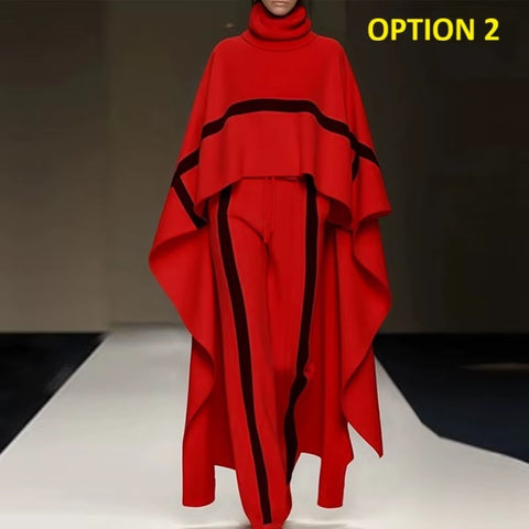 New Elegant Color Blocked Loose Turtleneck Cloak Top Two Piece Set CODE: KAR4158