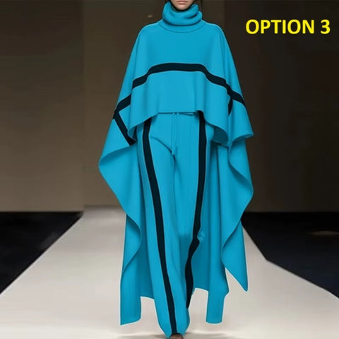 New Elegant Color Blocked Loose Turtleneck Cloak Top Two Piece Set CODE: KAR4158