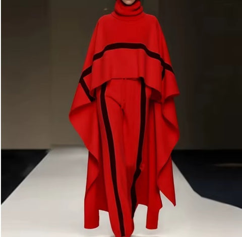 New Elegant Color Blocked Loose Turtleneck Cloak Top Two Piece Set CODE: KAR4158