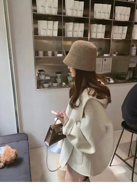 New Style  Hepburn Woolen Mid-Length Coat with Cute Hat CODE: KAR4157