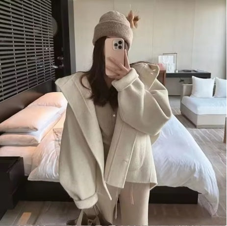 New Style  Hepburn Woolen Mid-Length Coat with Cute Hat CODE: KAR4157