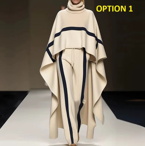 New Elegant Color Blocked Loose Turtleneck Cloak Top Two Piece Set CODE: KAR4158