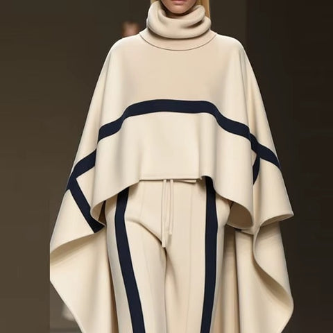 New Elegant Color Blocked Loose Turtleneck Cloak Top Two Piece Set CODE: KAR4158