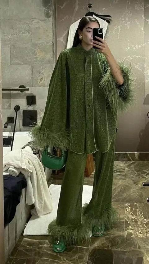 New Fashion Feather Sleeve Top & Pants Set CODE: KAR4160