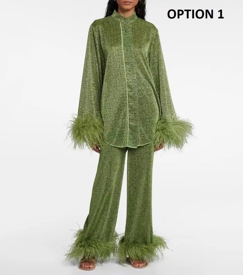 New Fashion Feather Sleeve Top & Pants Set CODE: KAR4160