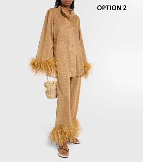 New Fashion Feather Sleeve Top & Pants Set CODE: KAR4160