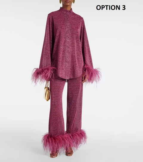New Fashion Feather Sleeve Top & Pants Set CODE: KAR4160