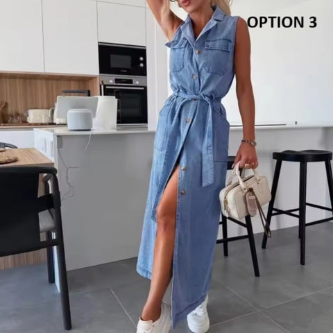 New V Neck Button Long Jean Fashion Dress CODE: KAR4161