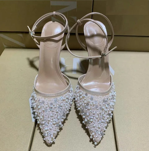 New Fashion Pearls Sequined Air Mesh Pumps Pointed toe Heels CODE: KAR4165