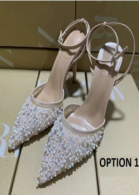 New Fashion Pearls Sequined Air Mesh Pumps Pointed toe Heels CODE: KAR4165