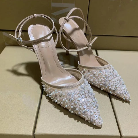 New Fashion Pearls Sequined Air Mesh Pumps Pointed toe Heels CODE: KAR4165