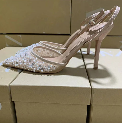 New Fashion Pearls Sequined Air Mesh Pumps Pointed toe Heels CODE: KAR4165