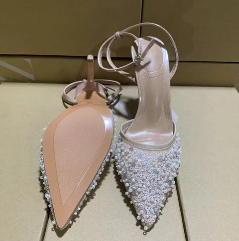 New Fashion Pearls Sequined Air Mesh Pumps Pointed toe Heels CODE: KAR4165