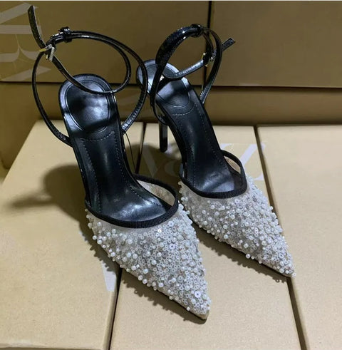 New Fashion Pearls Sequined Air Mesh Pumps Pointed toe Heels CODE: KAR4165