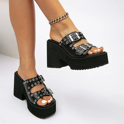 New Fashion Chunky High Heels Slides Goth Mules CODE: KAR4174