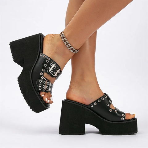 New Fashion Chunky High Heels Slides Goth Mules CODE: KAR4174