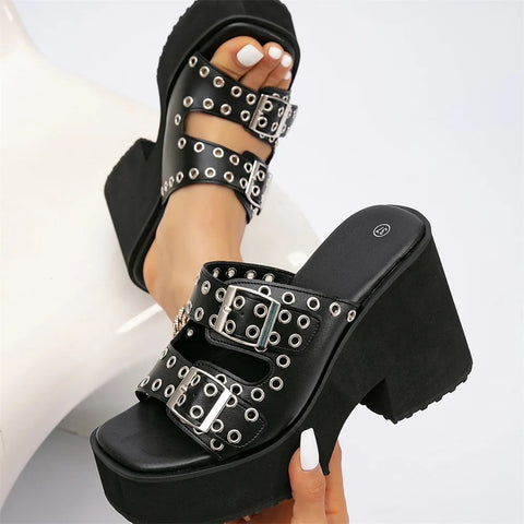 New Fashion Chunky High Heels Slides Goth Mules CODE: KAR4174